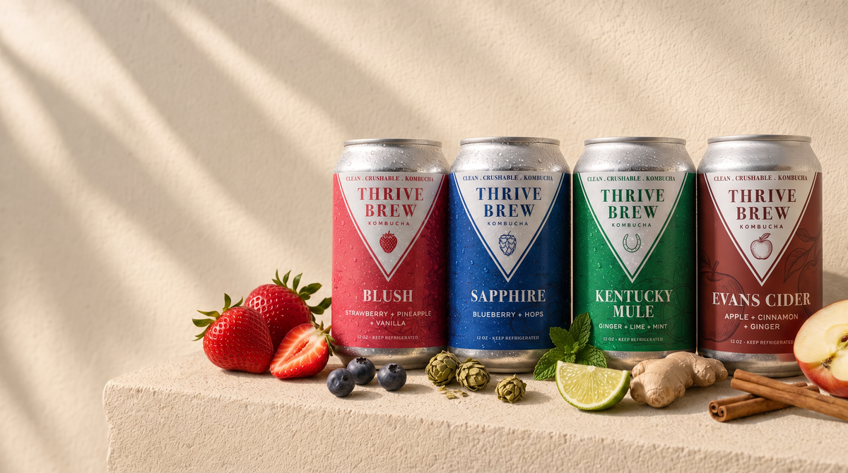 The Thrive Brew lineup: Blush, Sapphire, Kentucky Mule and Butterfly kombucha
